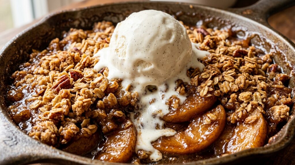 Ultra close-up macro food photography of bubbling brown butter cinnamon apple crisp with vanilla ice cream